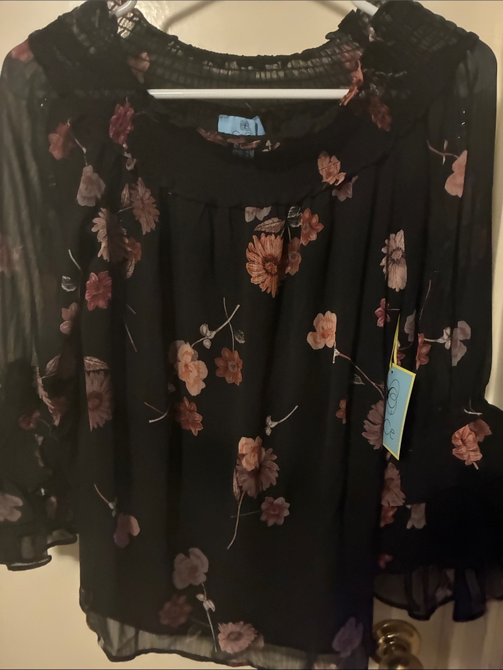 CeCe Black Floral Chiffon Blouse with Pink and Mauve Flowers - Picture 4 of 4